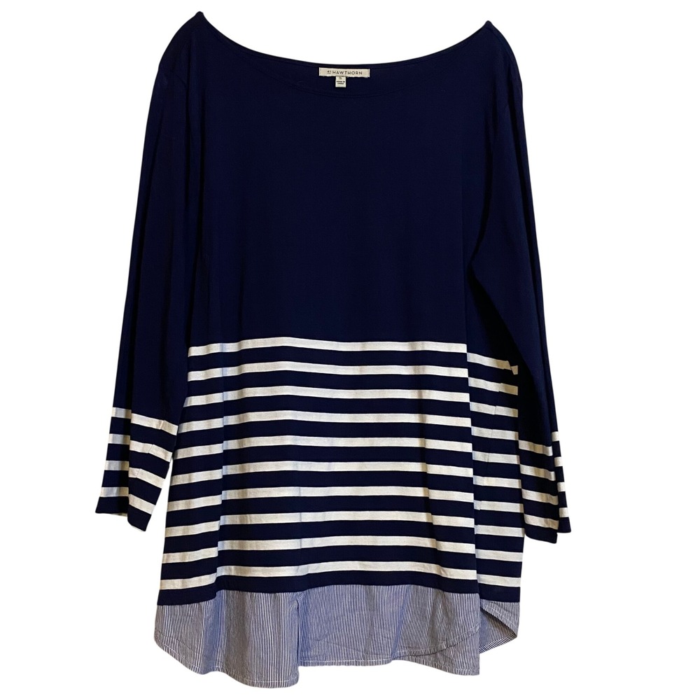 41 Hawthorn Navy Blue Striped Mixed Media Long Sleeve Blouse Top Women XL